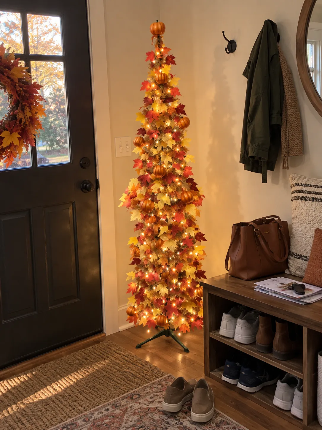 Fall tree glowing beside an everyday entryway bench