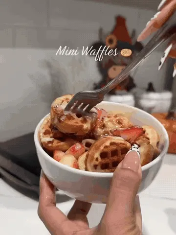 Mini waffles going from batter to a finished breakfast