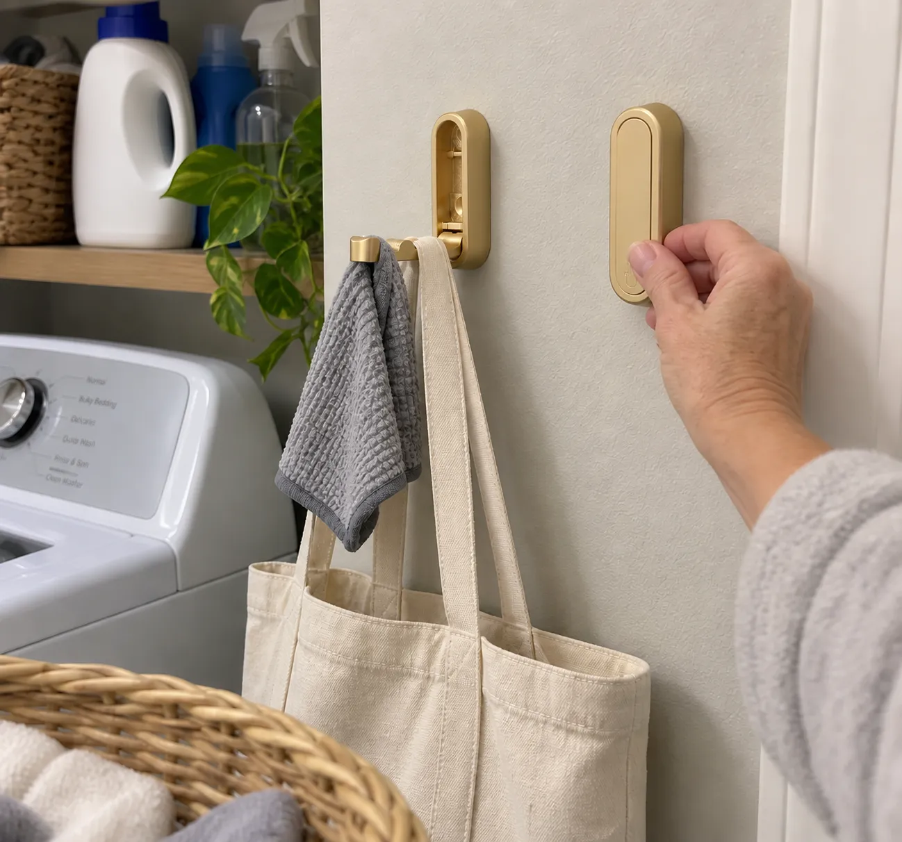 Gold folding hook holding a tote and cloth in a laundry room