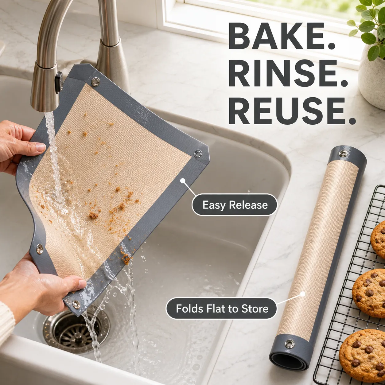 Gray snap-corner baking mat being rinsed clean after baking