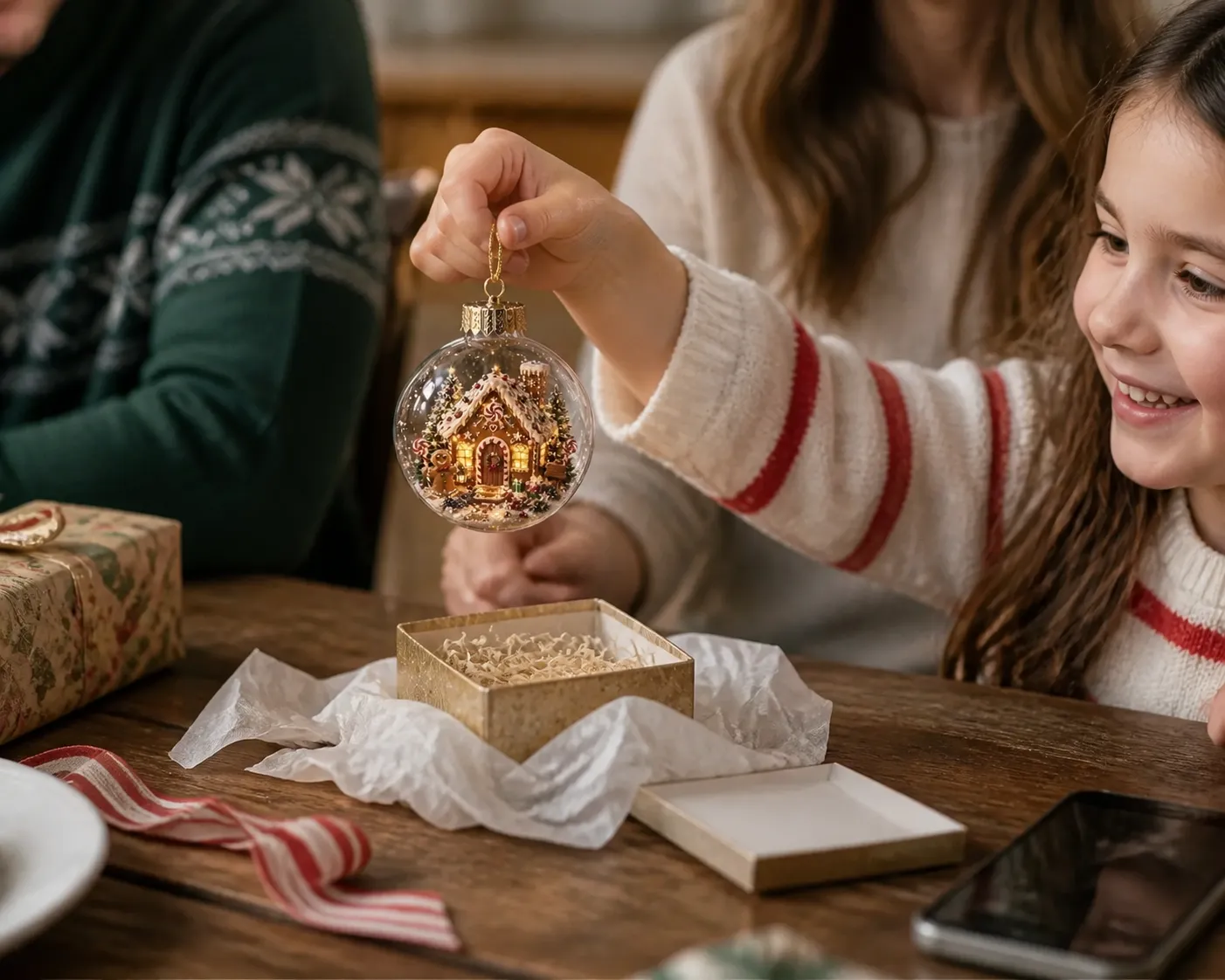 Gingerbread ornament opened as a family gift