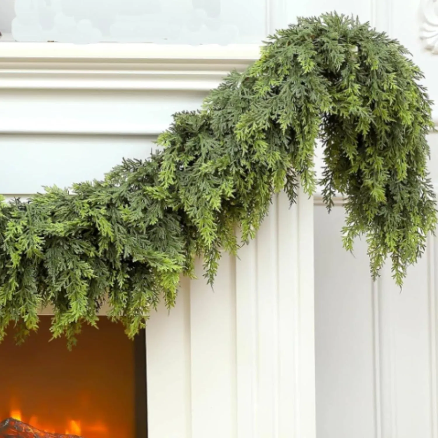 Close view of cascading faux cedar foliage