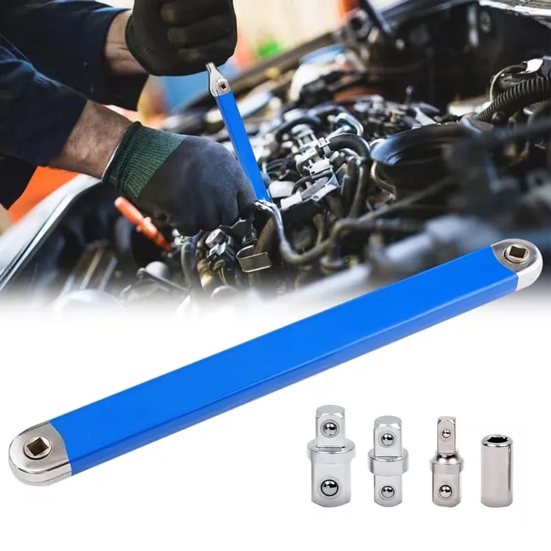 Blue offset extension wrench used in an engine bay