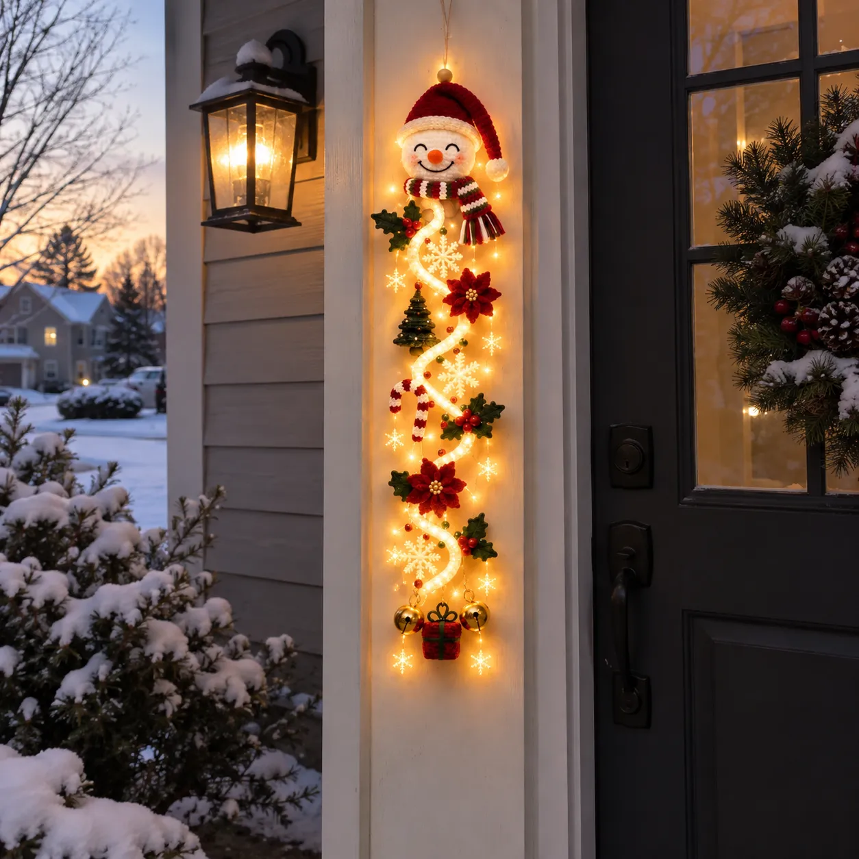 Christmas door decoration beside a snowy front entry