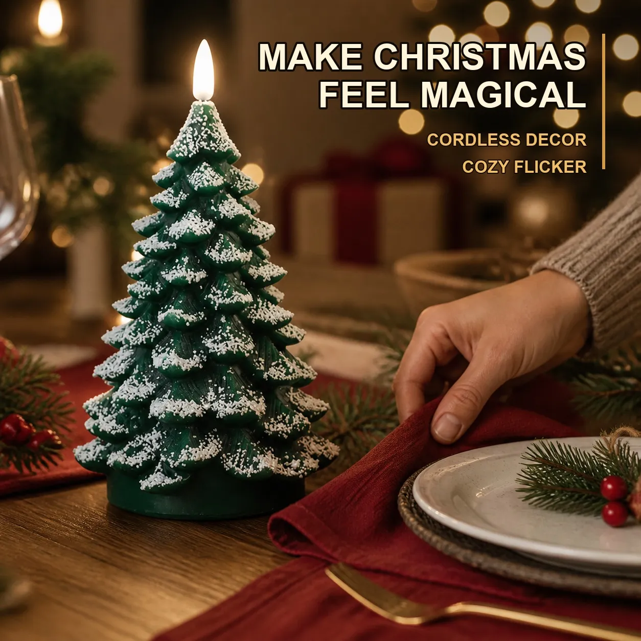 Christmas tree flameless candle decorating a holiday table