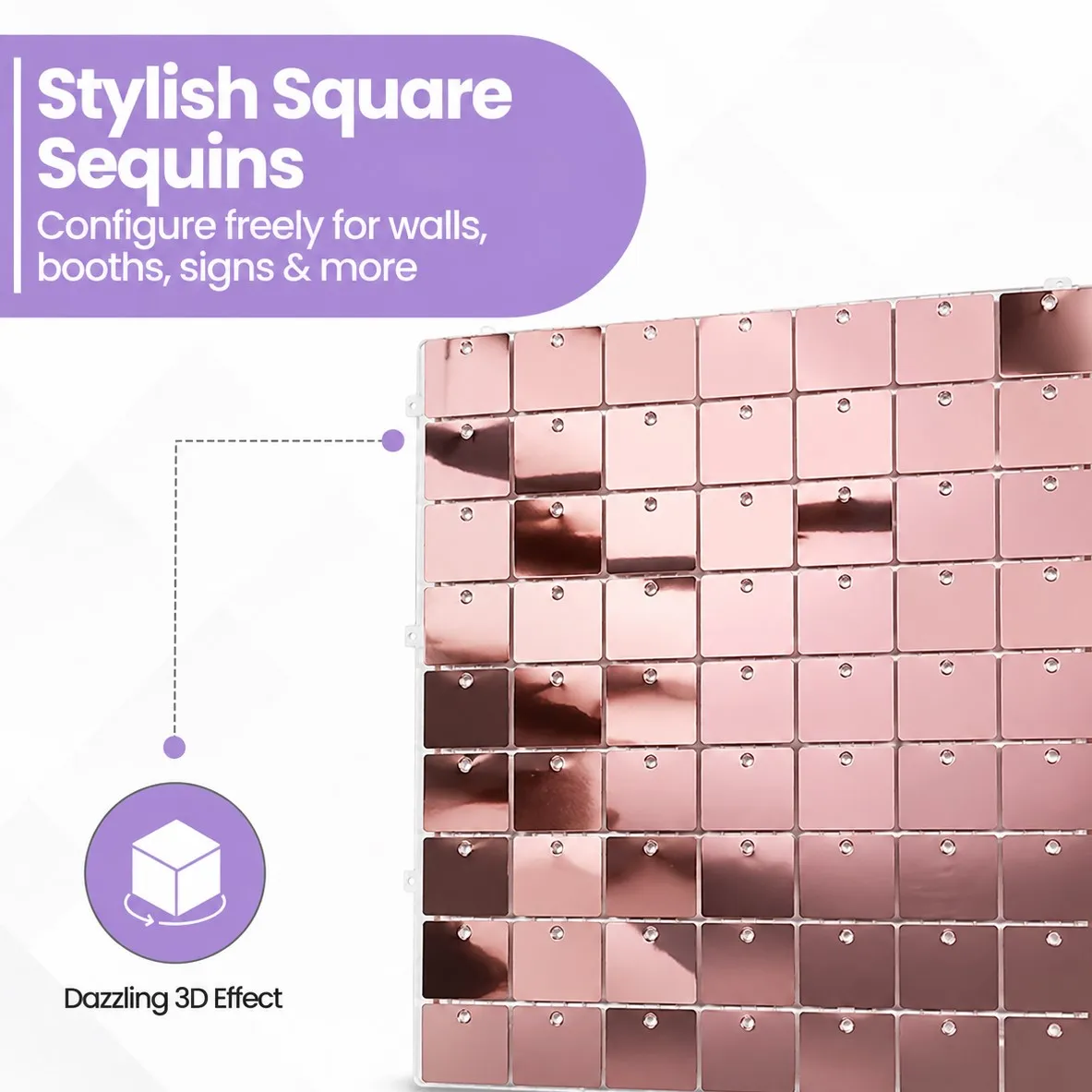 Close view of square pink sequins creating a dimensional reflective effect