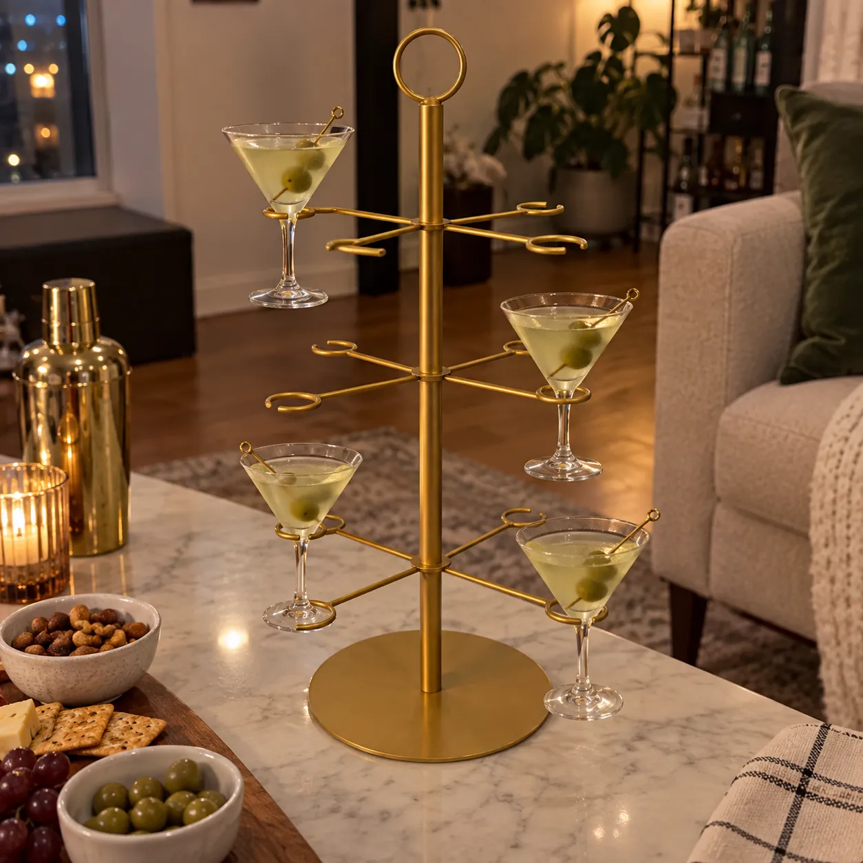 Gold cocktail glass tree at a rustic barn reception