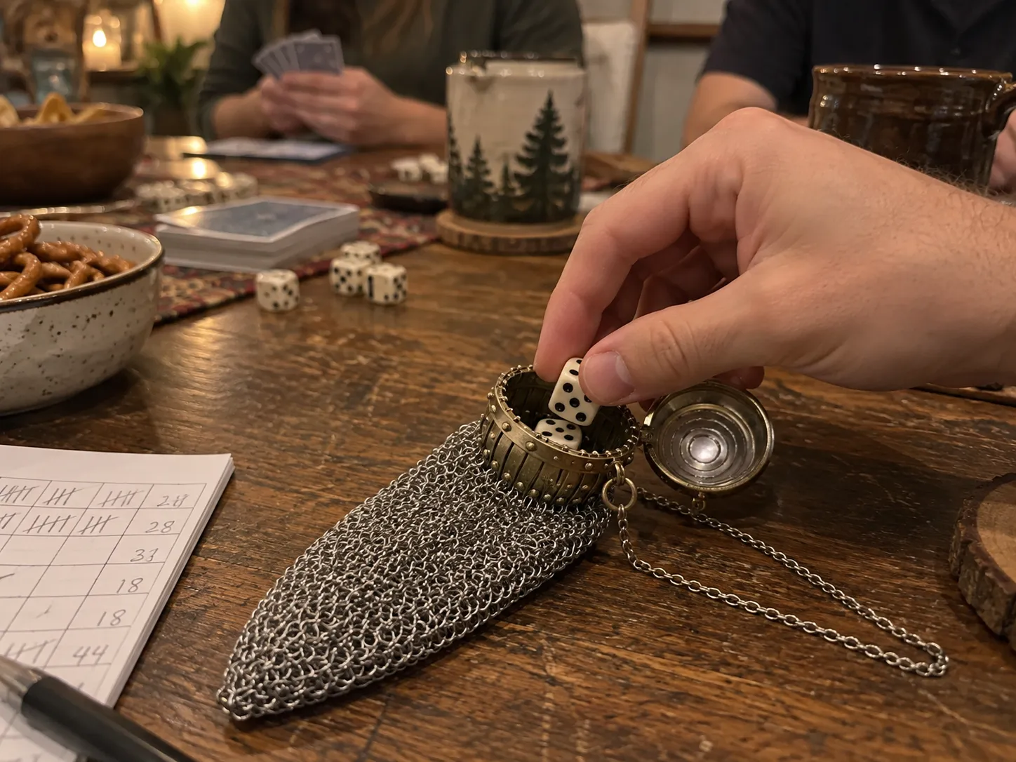 Open chain-mesh purse holding dice during a home game night