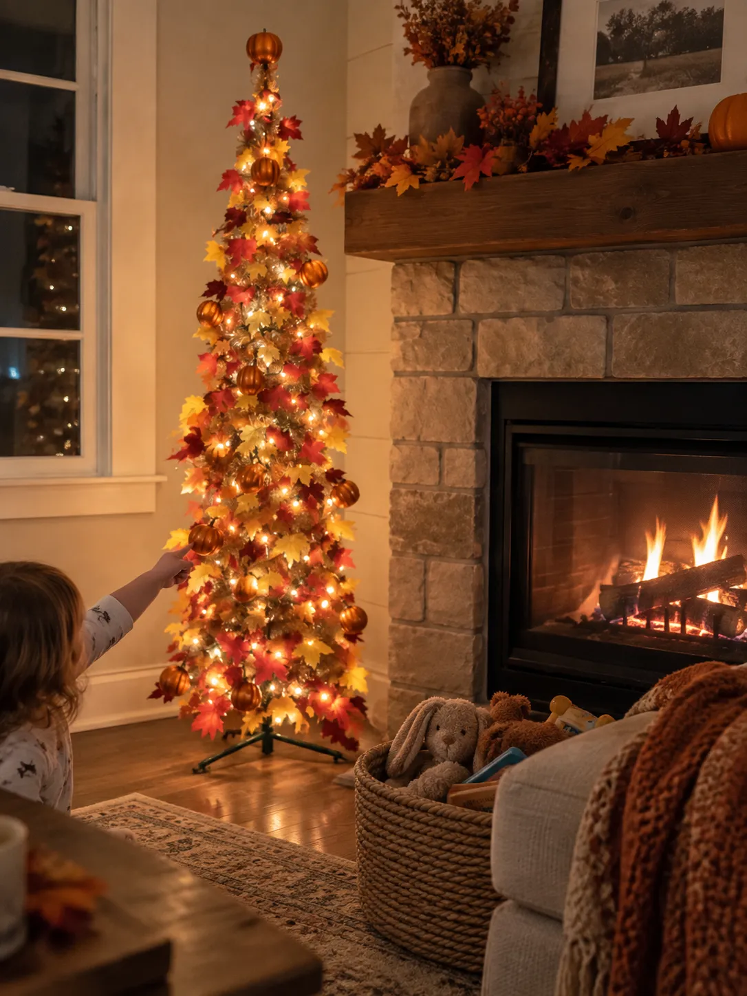 Child pointing toward a pumpkin ornament on a glowing fall tree