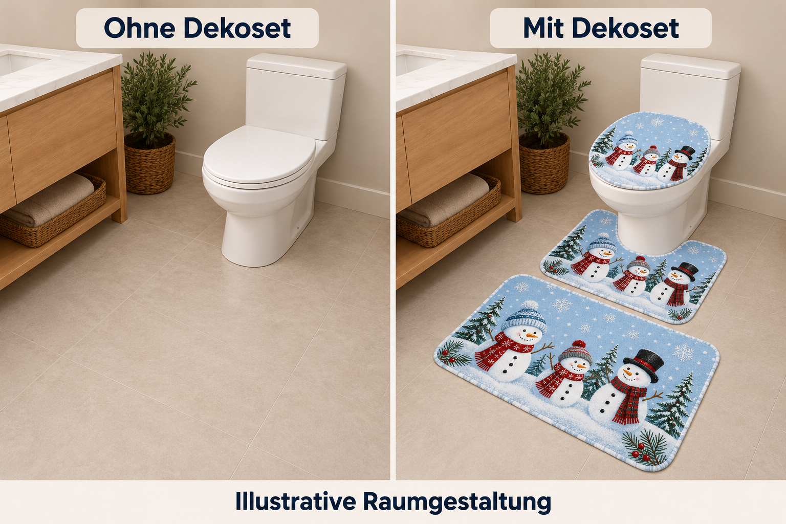 Illustrativer Vergleich desselben Badezimmers ohne und mit dem blauen dreiteiligen Dekoset