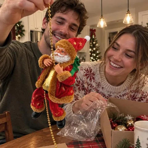 Couple unpacking a snowflake-red climbing Santa