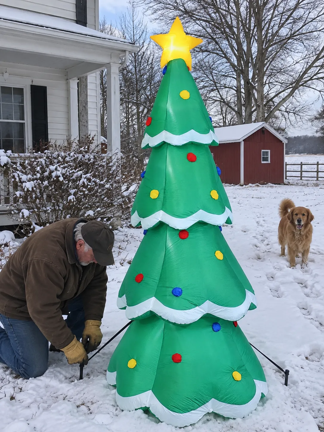 Man securing an inflatable tree in a snowy farmhouse yard