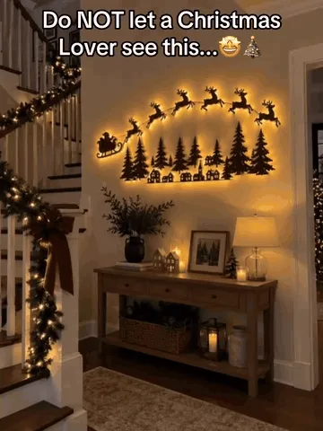 Christmas wall display styled with warm holiday lighting