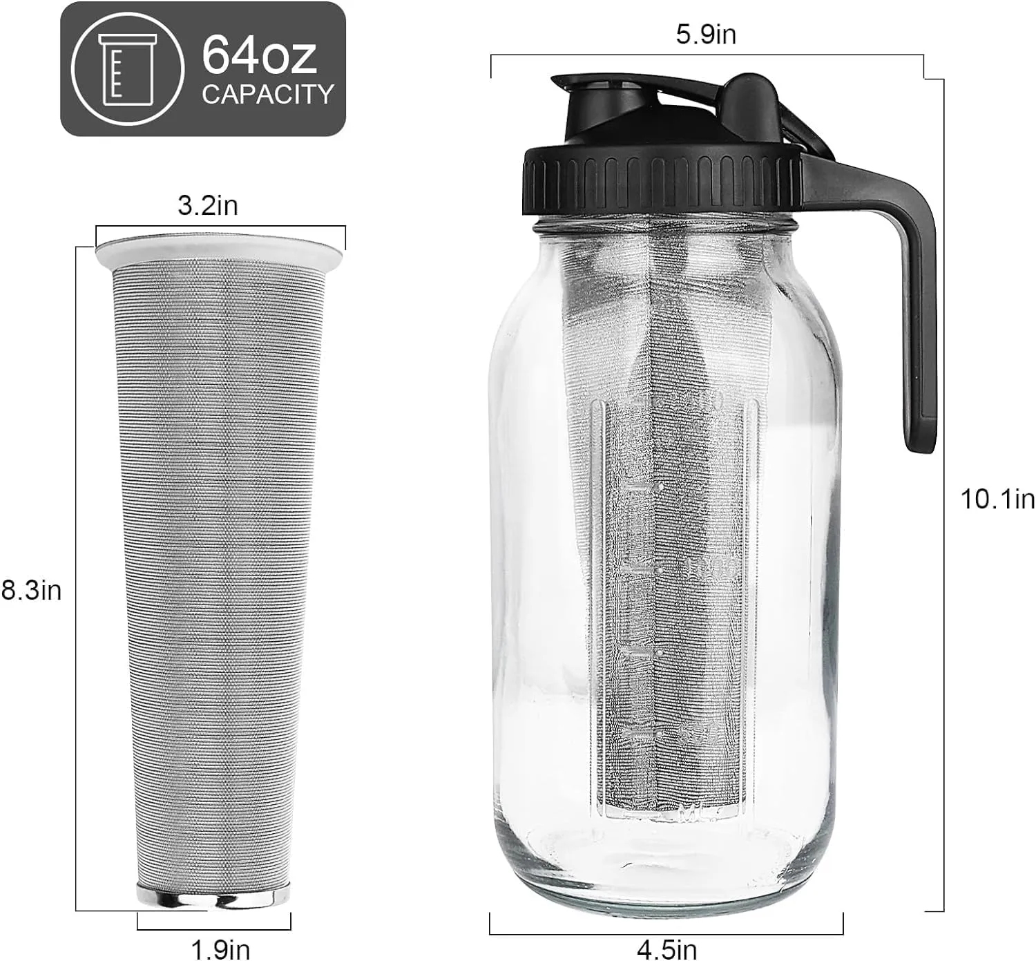 Dimensions of the 64 oz glass pitcher and stainless steel infuser