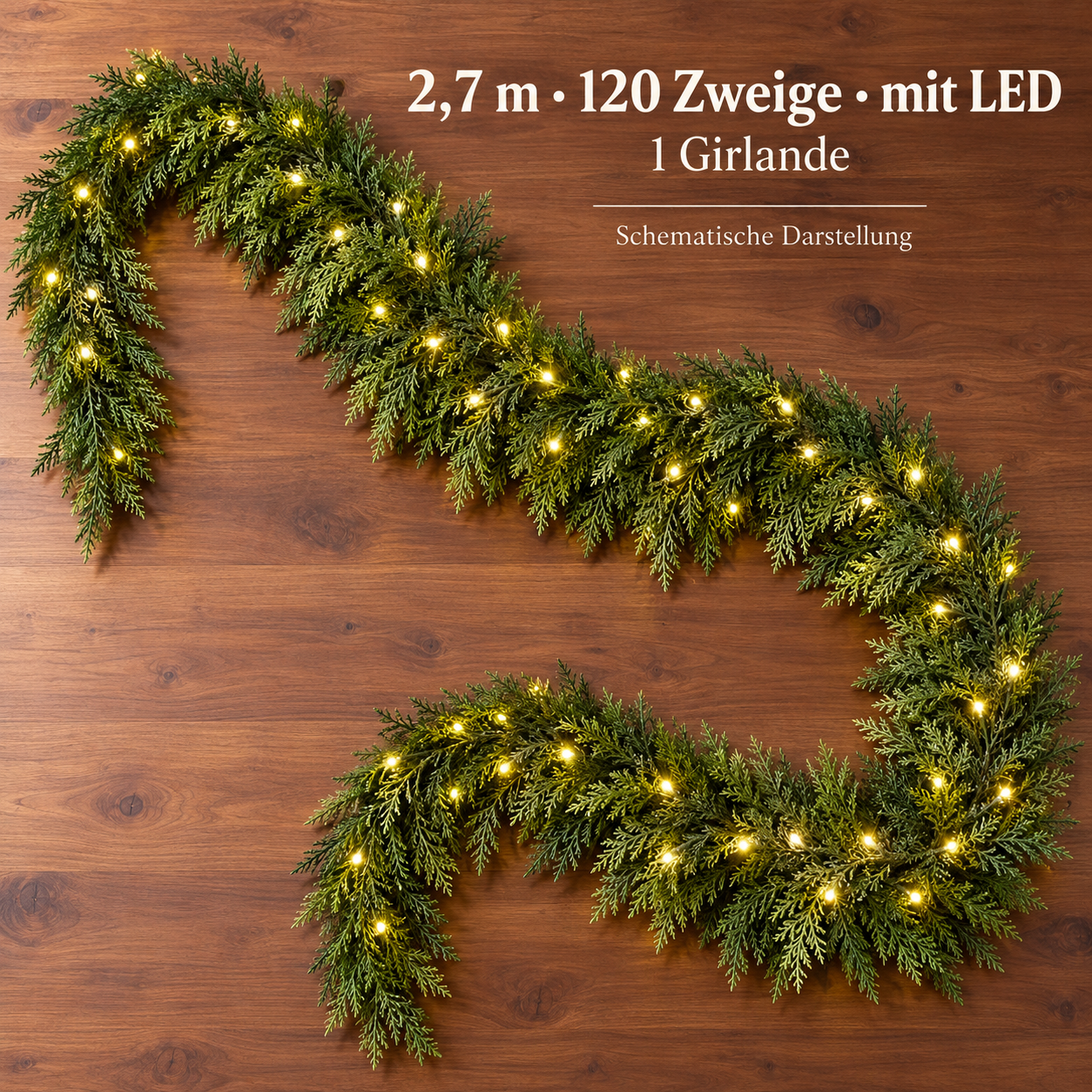 Schematische Darstellung einer einzelnen Girlande: 2,7 m – 120 Zweige – mit LED