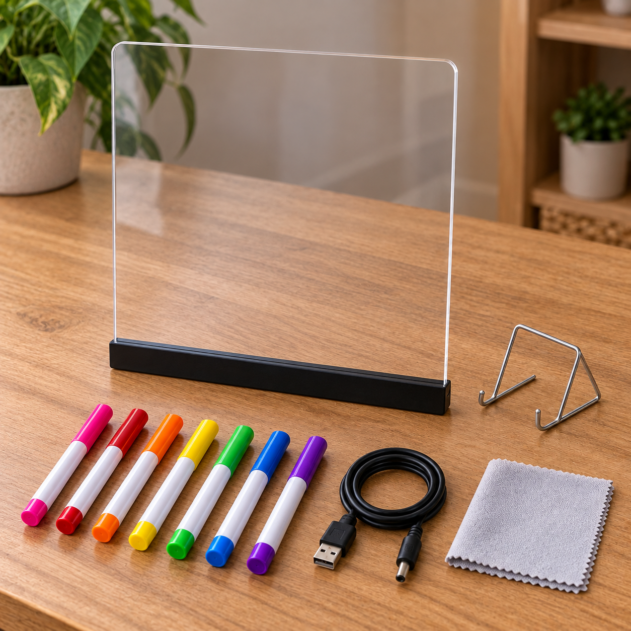 Ein vollständiges Set mit Acryltafel, Metallständer, Kabel, sieben Stiften und Wischtuch