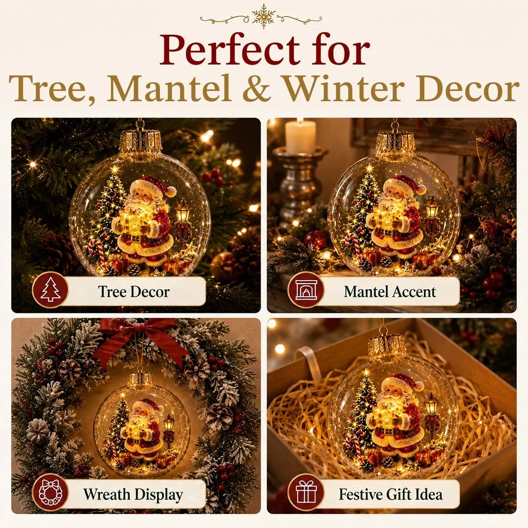 Christmas diorama ornament displayed on a tree, mantel, wreath and as a gift