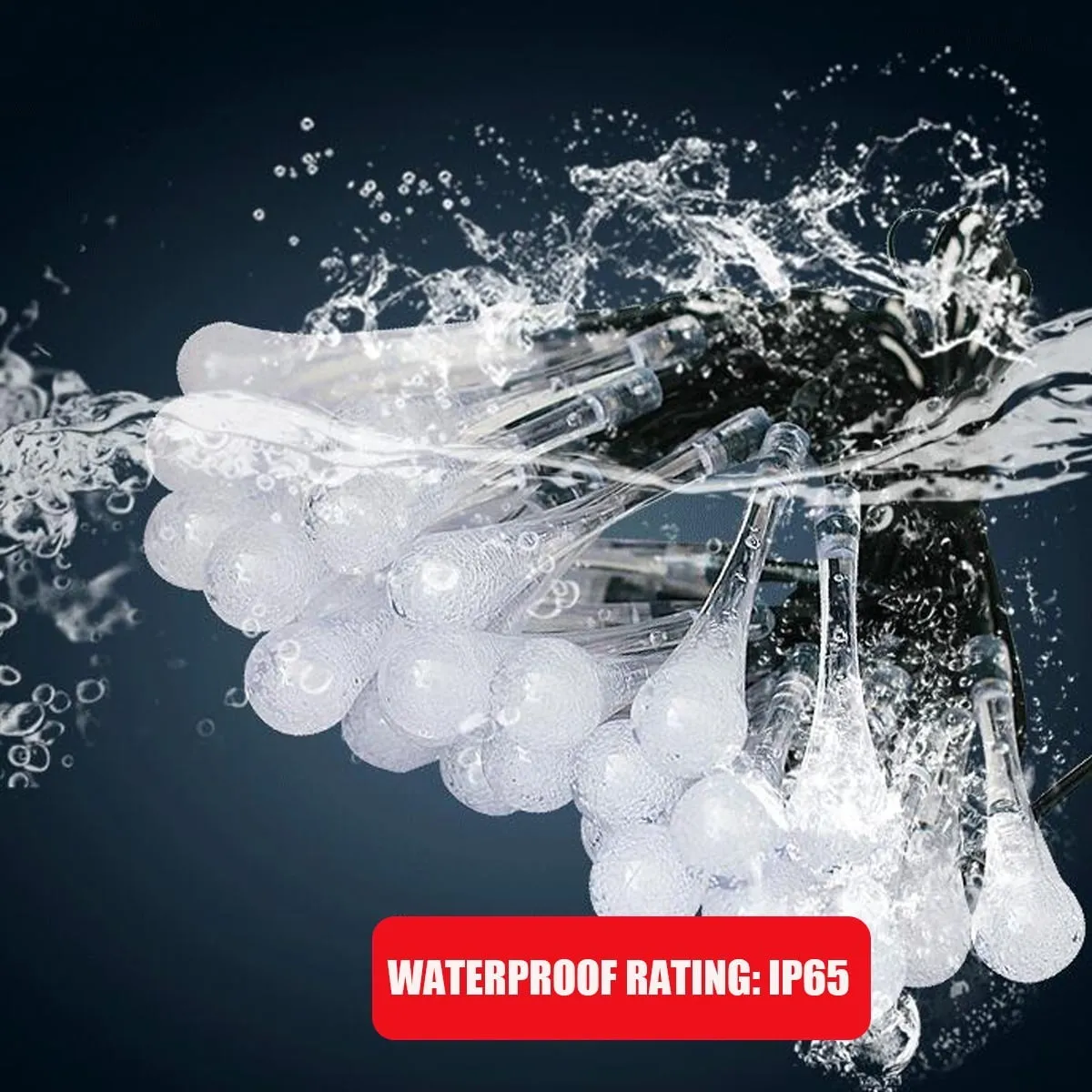 Waterdrop solar string lights shown with outdoor water resistance