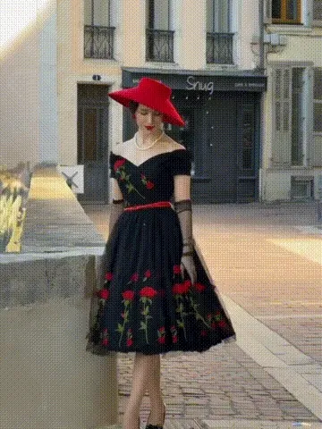 Damen-Midikleid in A-Linie mit Vintage-Rosenstickerei – ab 2 Stück versandkostenfrei – Produktansicht