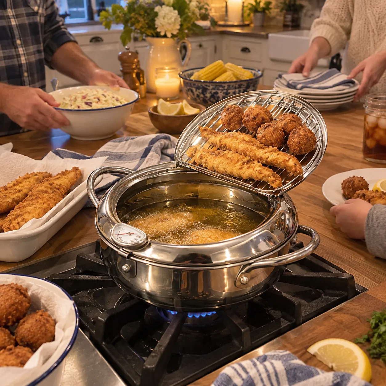 Family fish fry with fillets and hush puppies resting on the raised rack