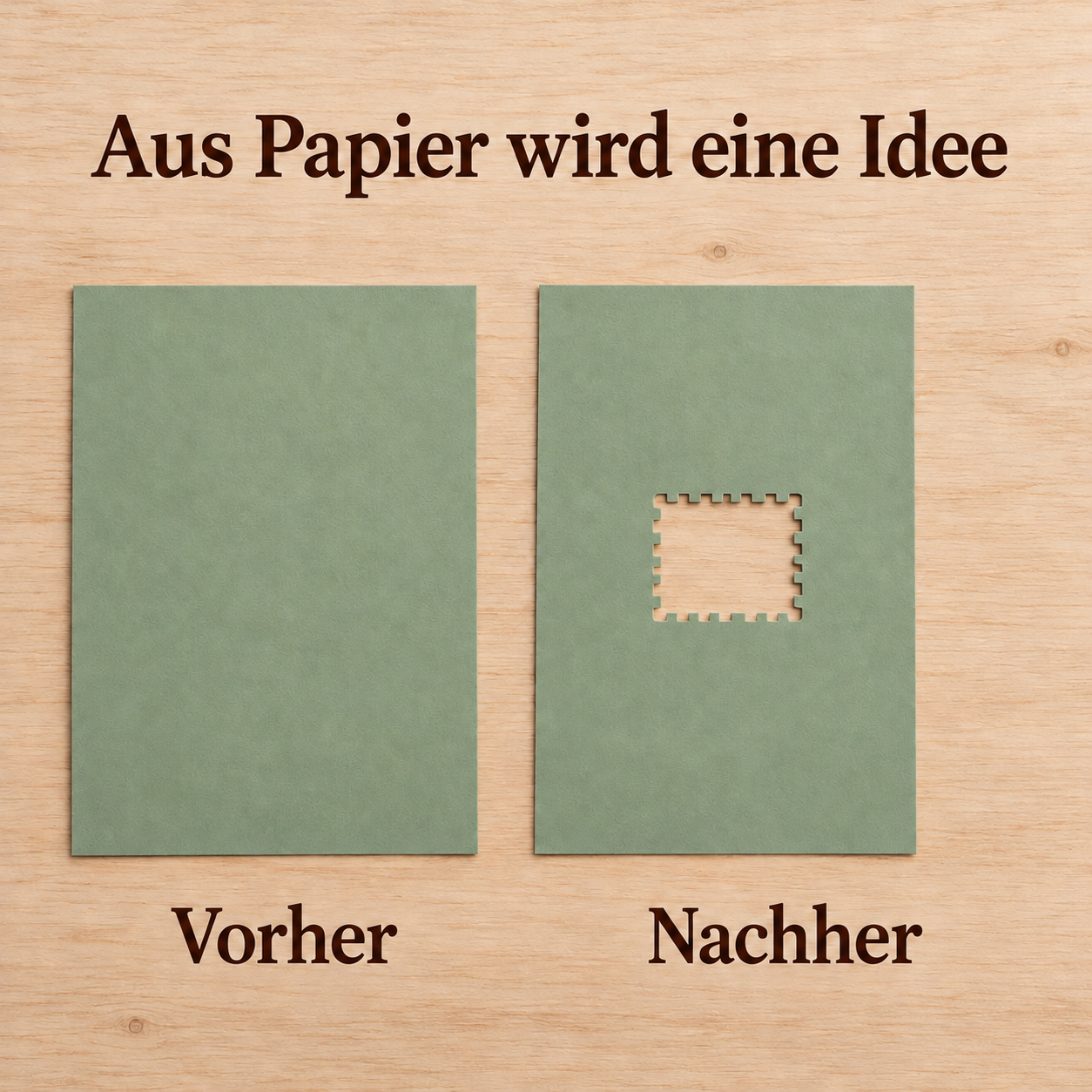 Vorher: Papierbogen. Nachher: derselbe Bogen mit ausgestanzter Briefmarkenform.