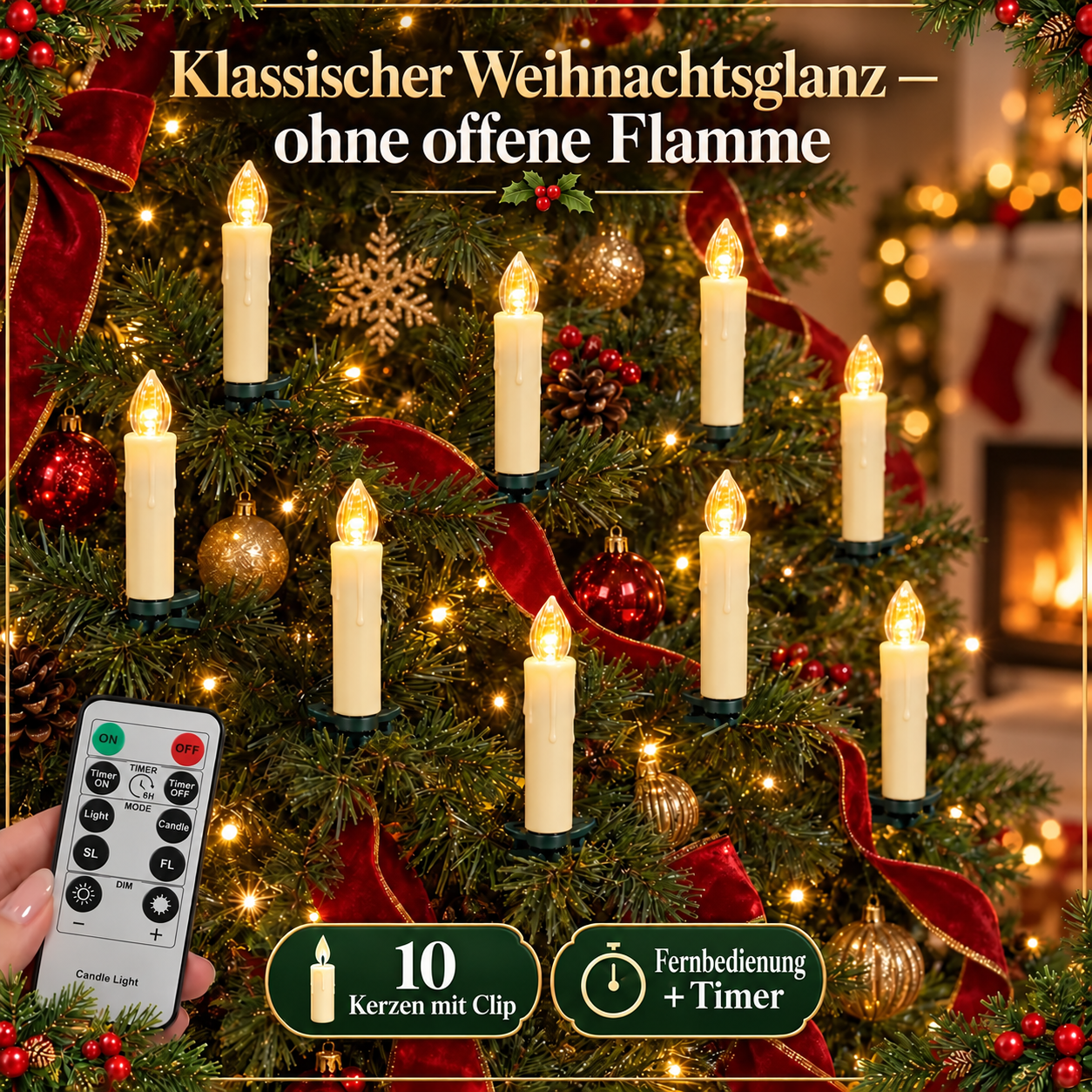 Flammenlose LED-Weihnachtsbaumkerzen mit Clip und Fernbedienung – 10er-Set