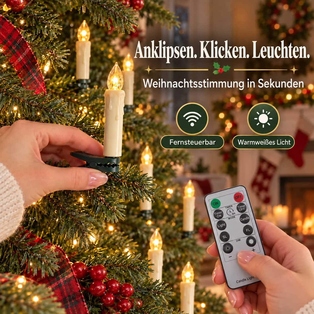 Flammenlose LED-Weihnachtsbaumkerzen mit Clip und Fernbedienung – 10er-Set – weitere Ansicht