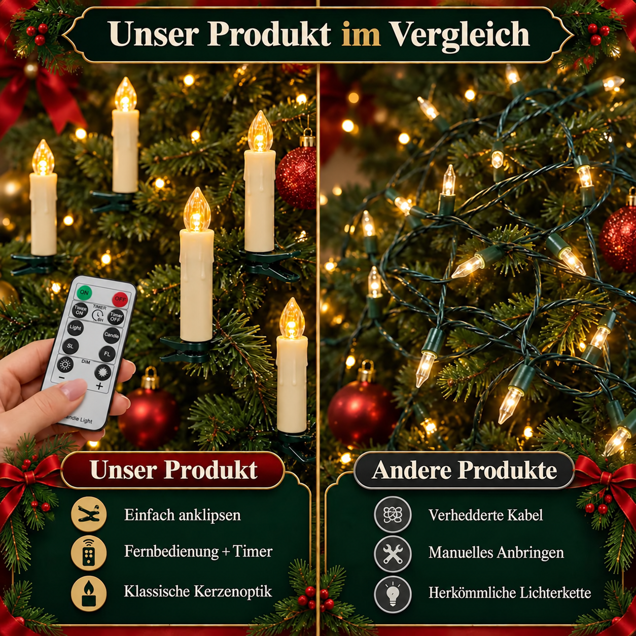 Flammenlose LED-Weihnachtsbaumkerzen mit Clip und Fernbedienung – 10er-Set