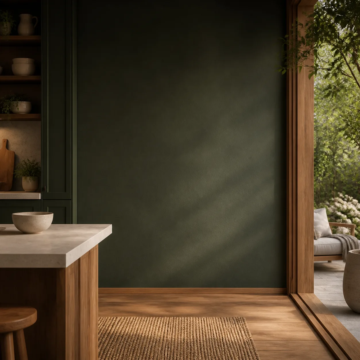 A calm green kitchen and leafy garden patio