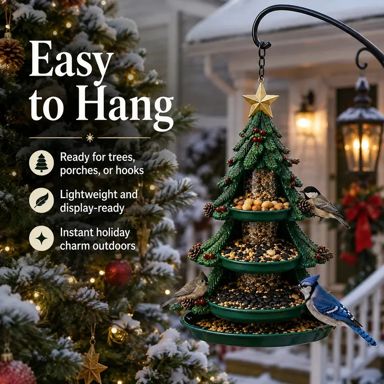Christmas tree bird feeder hanging on a winter porch