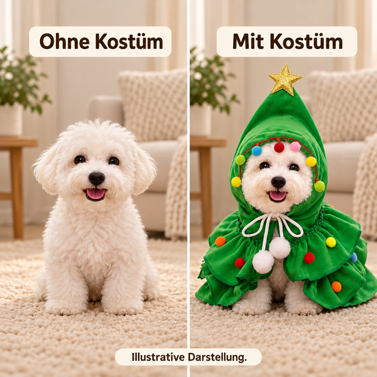 Illustrative Gegenüberstellung desselben Hundes ohne und mit grünem Baumkostüm
