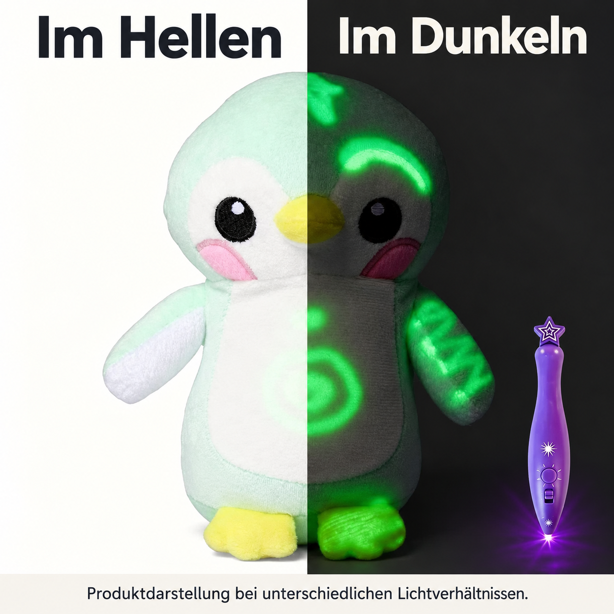 Derselbe Pinguin in der geteilten Darstellung: links im Hellen, rechts im Dunkeln mit grünen Leuchtmustern