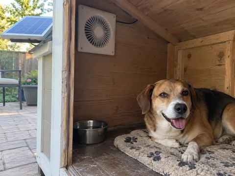 Compact solar exhaust fan inside an outdoor dog shelter