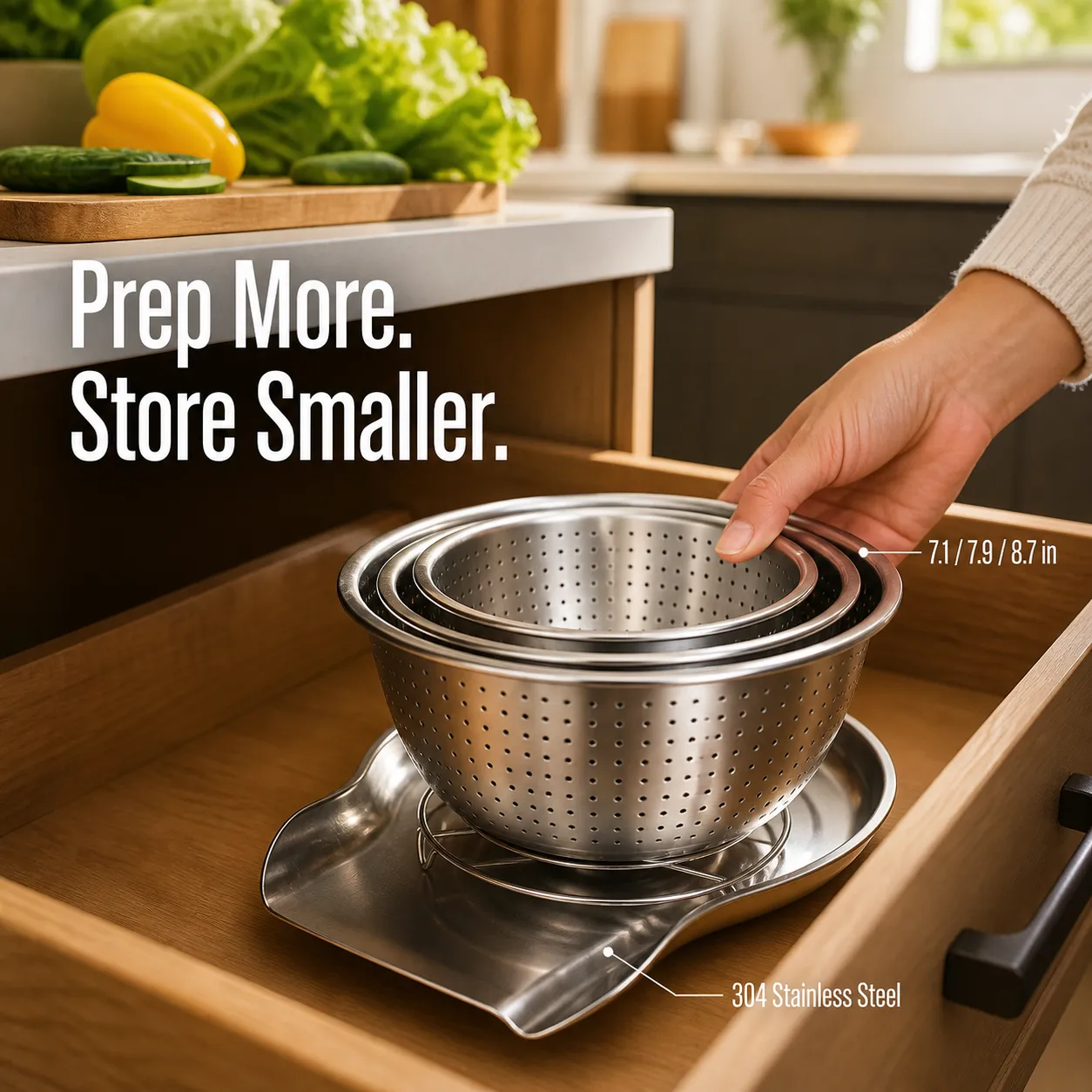 Colander and tray on counter