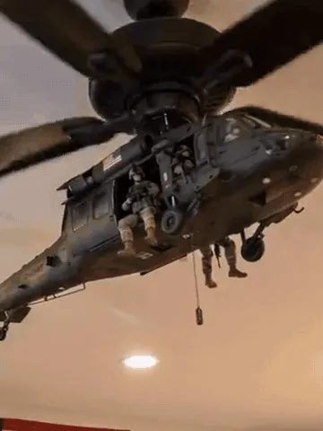 Military helicopter ceiling fan attachment shown from several installed angles