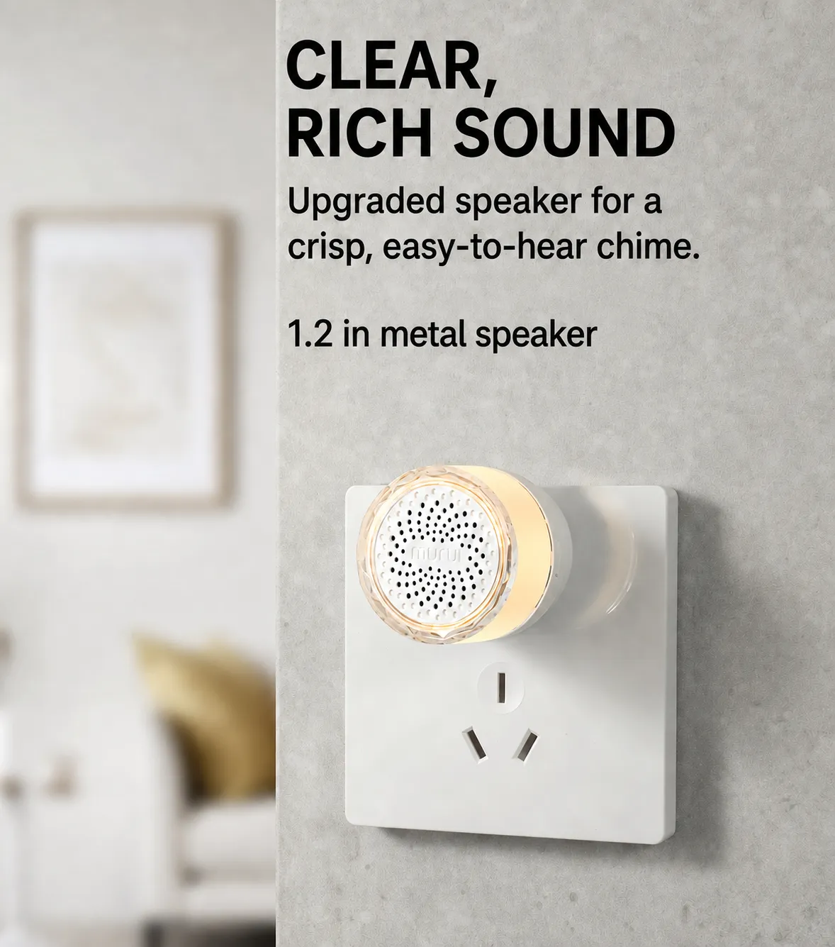 Plug-in doorbell chime with a 1.2-inch metal speaker and warm light ring
