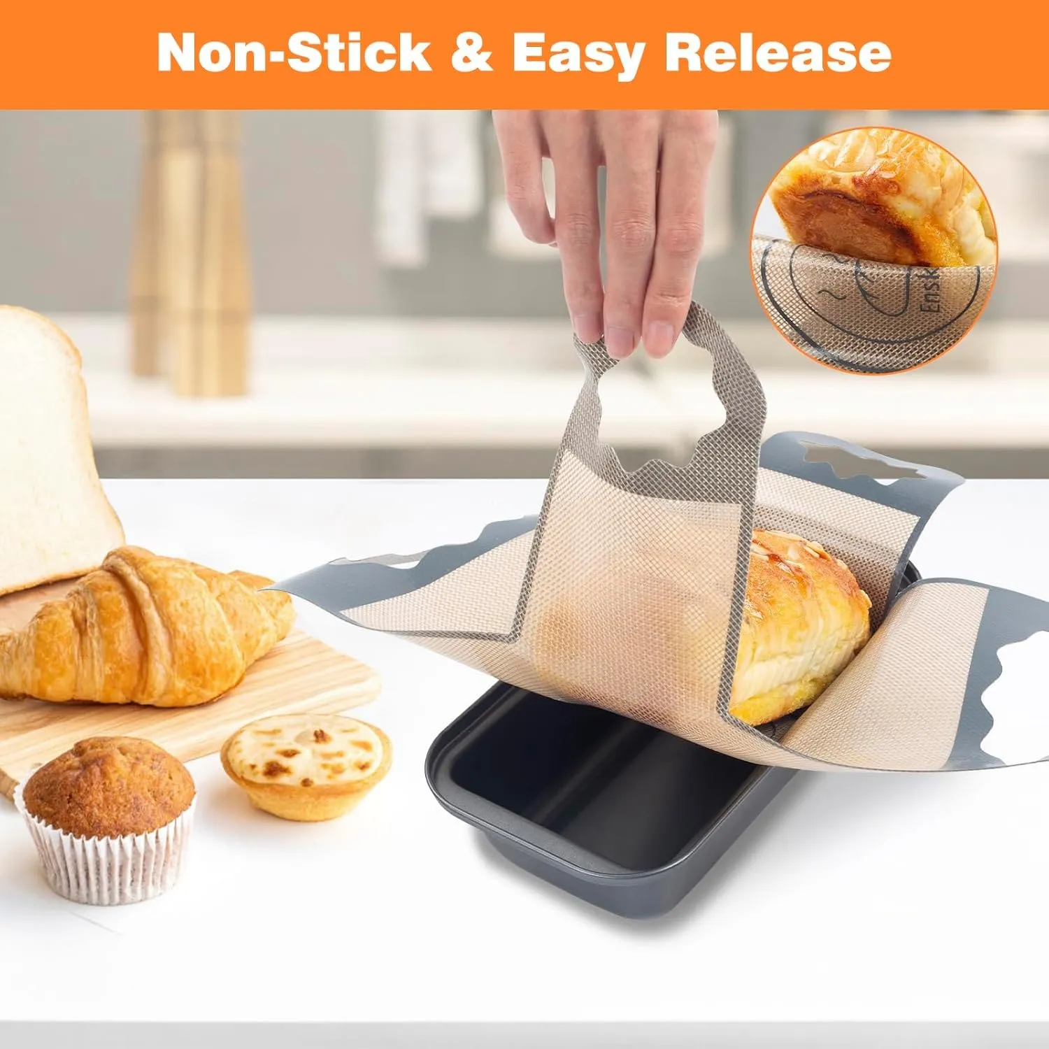 Non-stick sling releasing a fresh loaf from a baking pan
