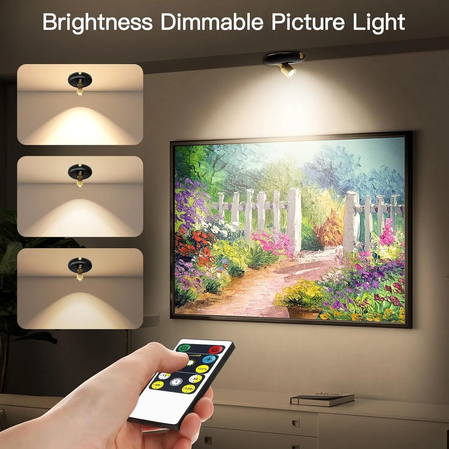Remote control adjusting spotlight brightness above framed artwork