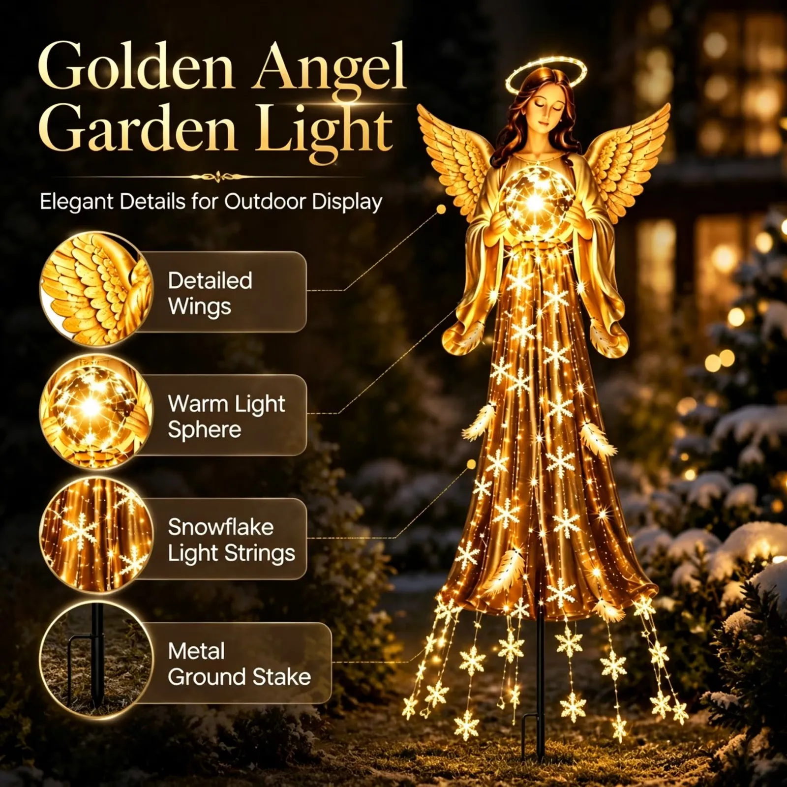 Close details of angel wings, glowing orb, light strands, and ground stake