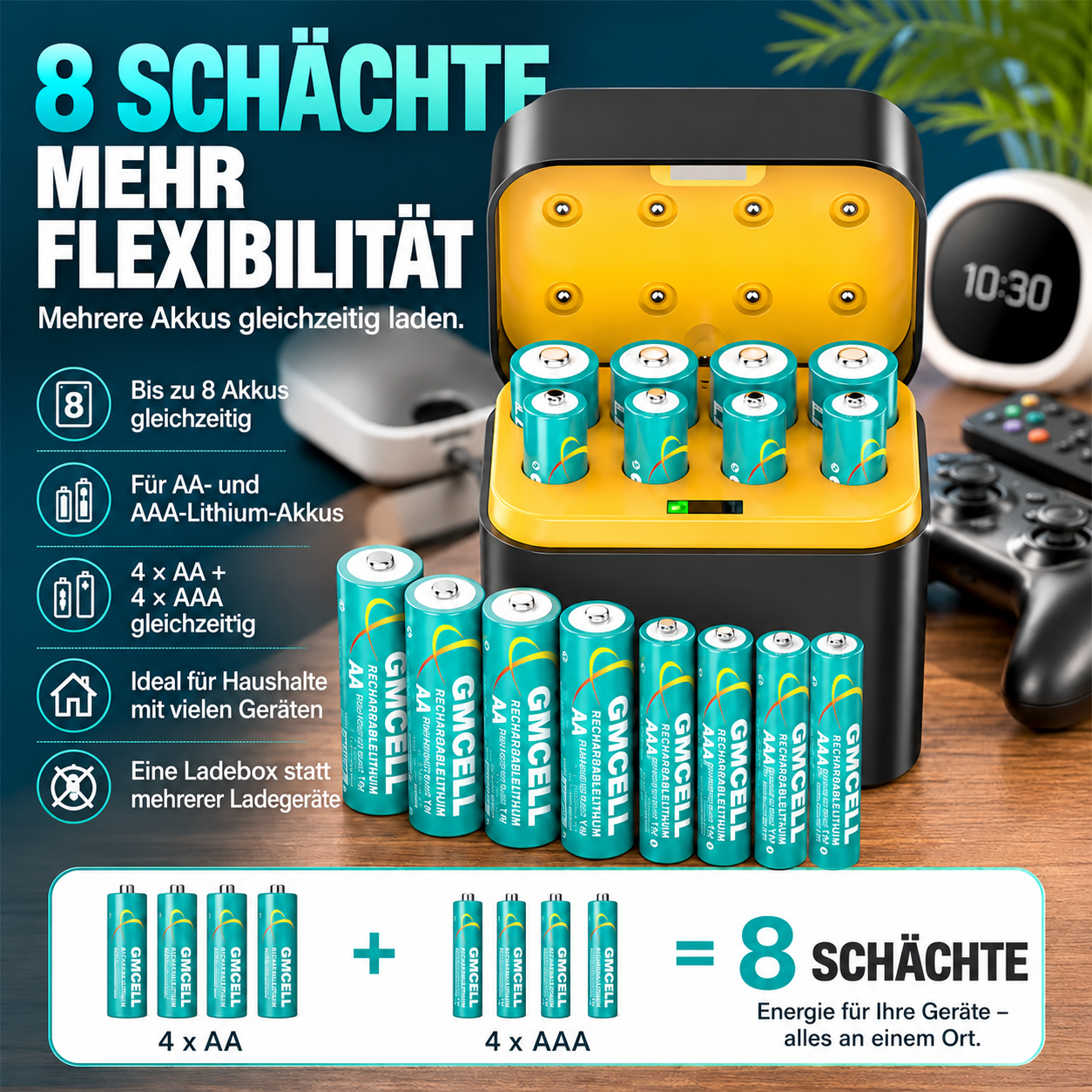 🔋 Tragbares intelligentes 8-Schacht-Akkuladegerät