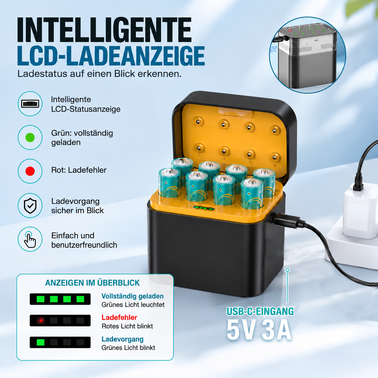 🔋 Tragbares intelligentes 8-Schacht-Akkuladegerät