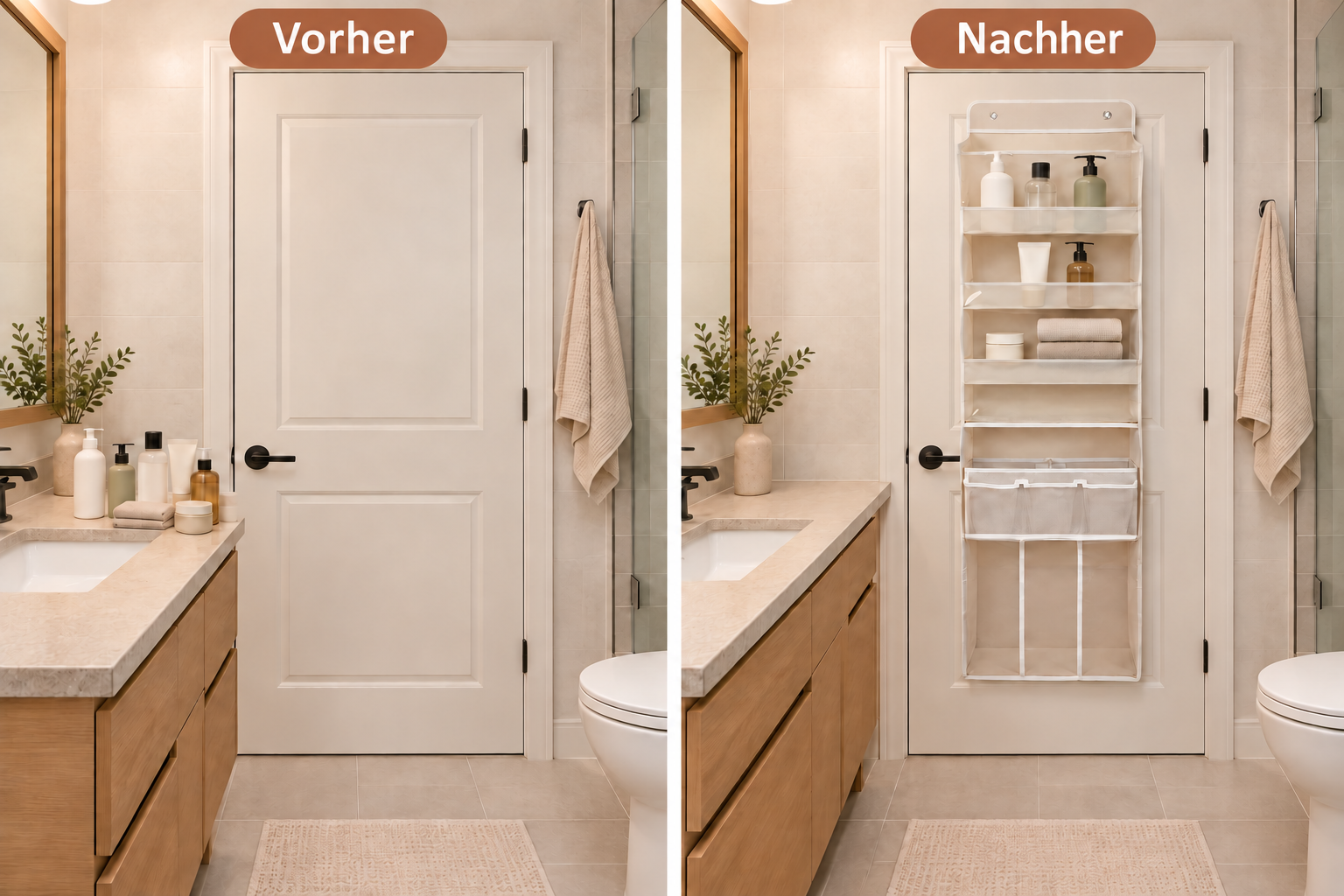 Beispielhafter Vorher-Nachher-Vergleich desselben Badezimmers mit Alltagsgegenständen im Türorganizer