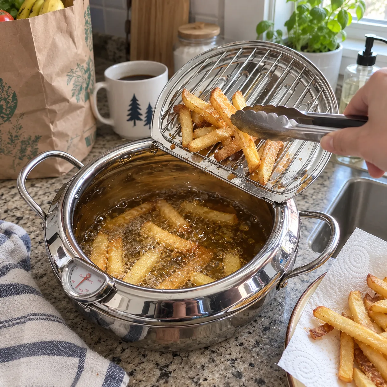 Homemade fries draining on the raised fryer rack in a small kitchen