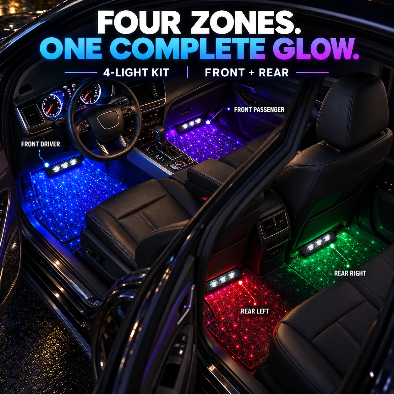 Four three-lens light bars covering front and rear vehicle footwells