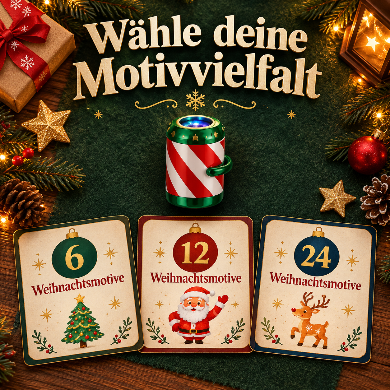 Drei auswählbare Varianten: 6, 12 oder 24 Weihnachtsmotive