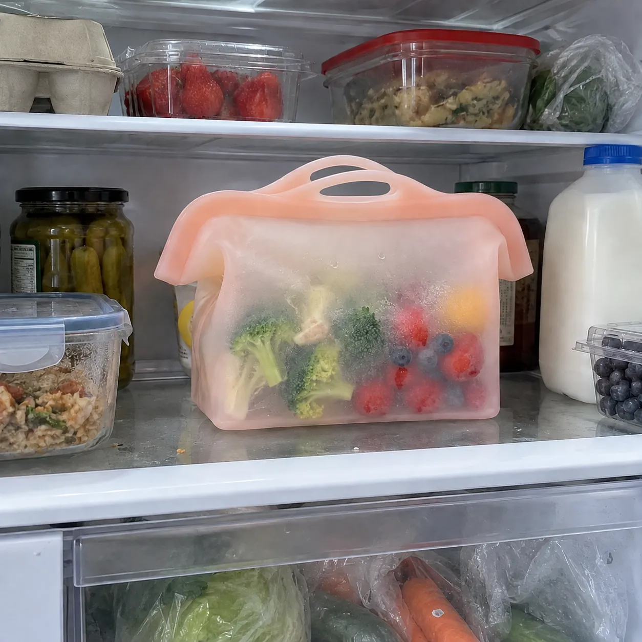 Silicone storage bag standing upright with produce on a refrigerator shelf