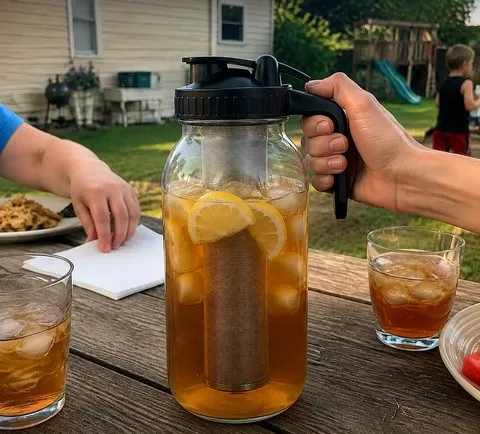 Glass infusion pitcher served during a backyard family lunch