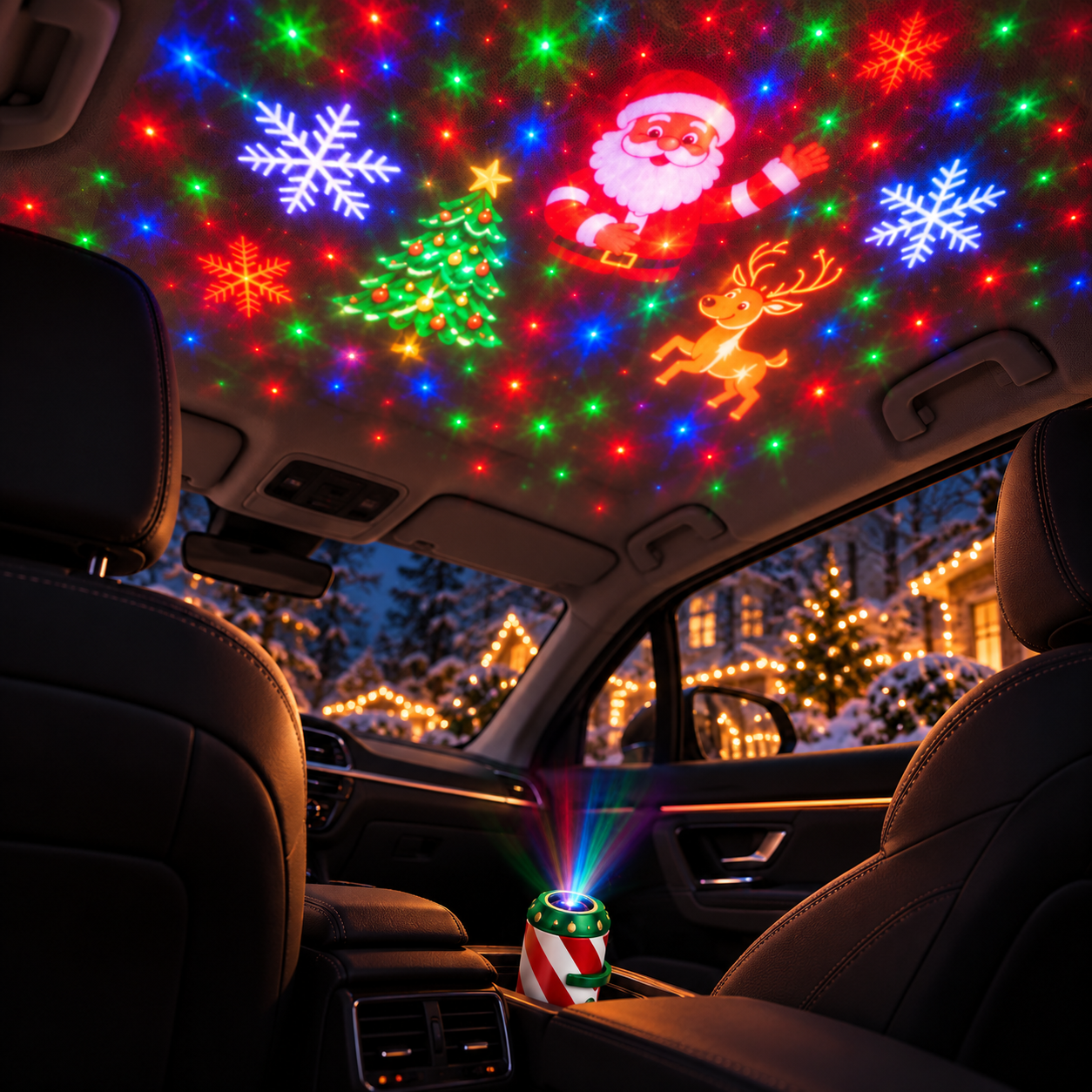 Weihnachtliche Projektionsmotive im geparkten Fahrzeuginnenraum