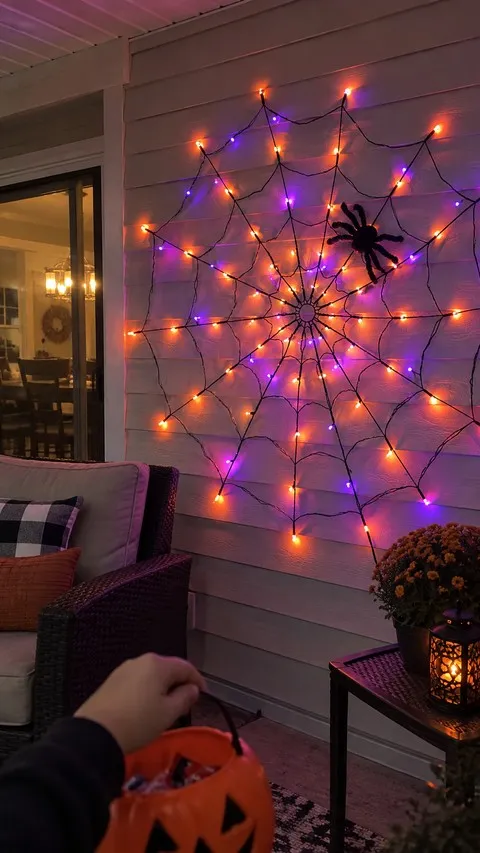 Purple and orange spider web lights on a covered patio