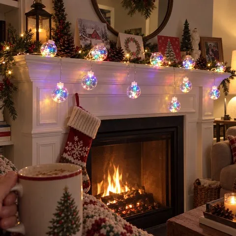 Colorful crackle globe lights draped over a cozy family fireplace mantel